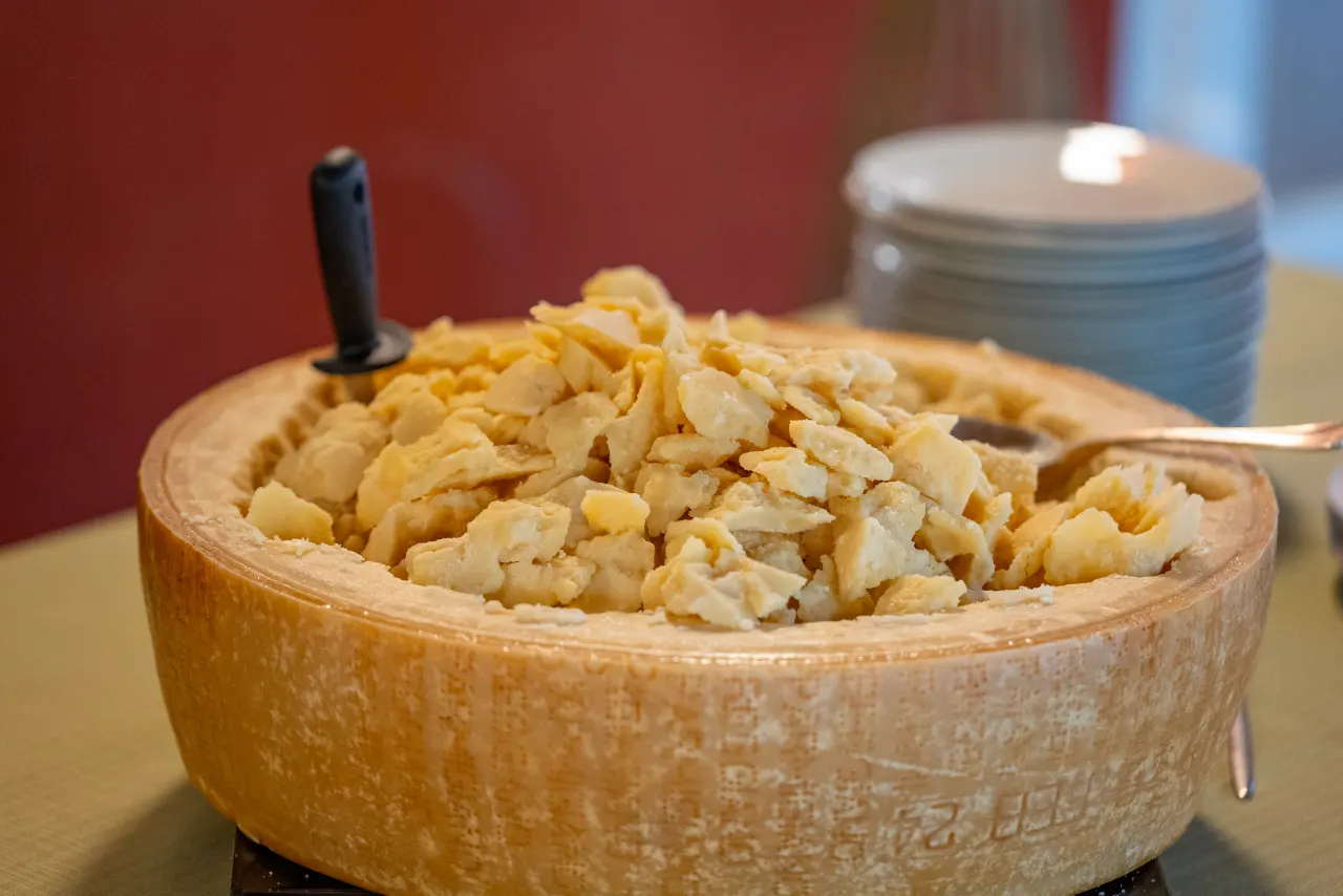 Pasta finished inside a cheese wheel