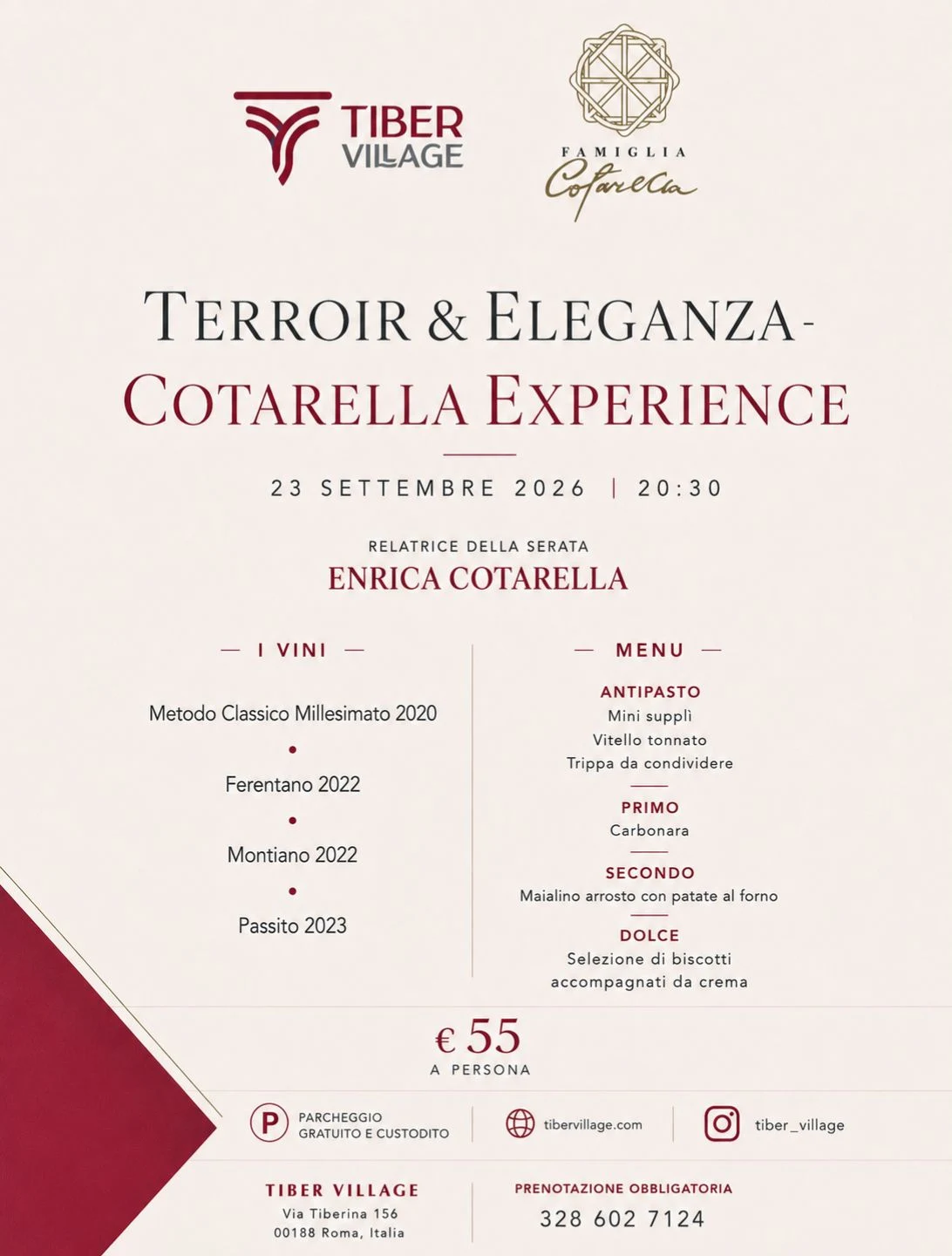 Locandina della serata Terroir & Eleganza — Cotarella Experience del 23 settembre 2026 al Tiber Village