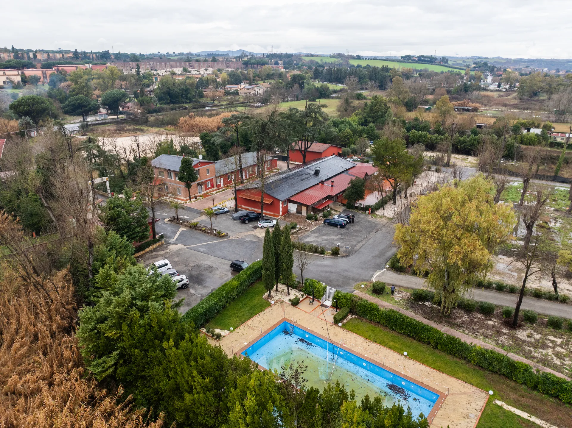 Aerial view of Tiber Village with swimming pool, boutique hotel 15 minutes from Rome